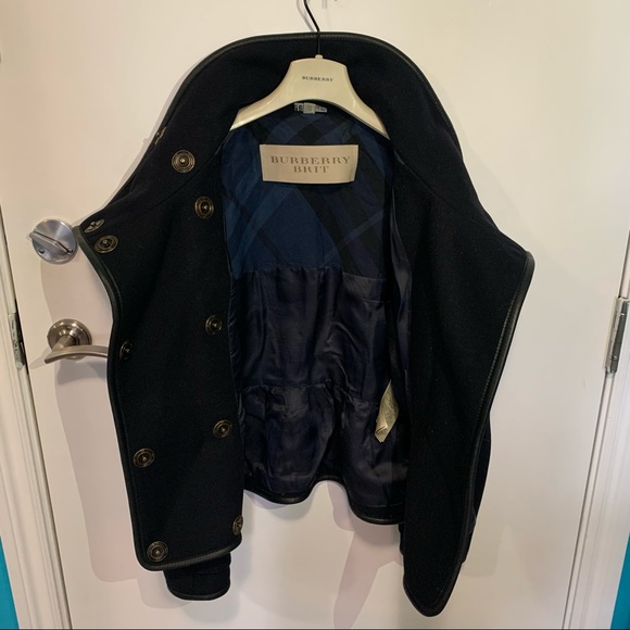 Navy Burberry Brit wool-blend twill bomber jacket, leather trim - Picture 7 of 13